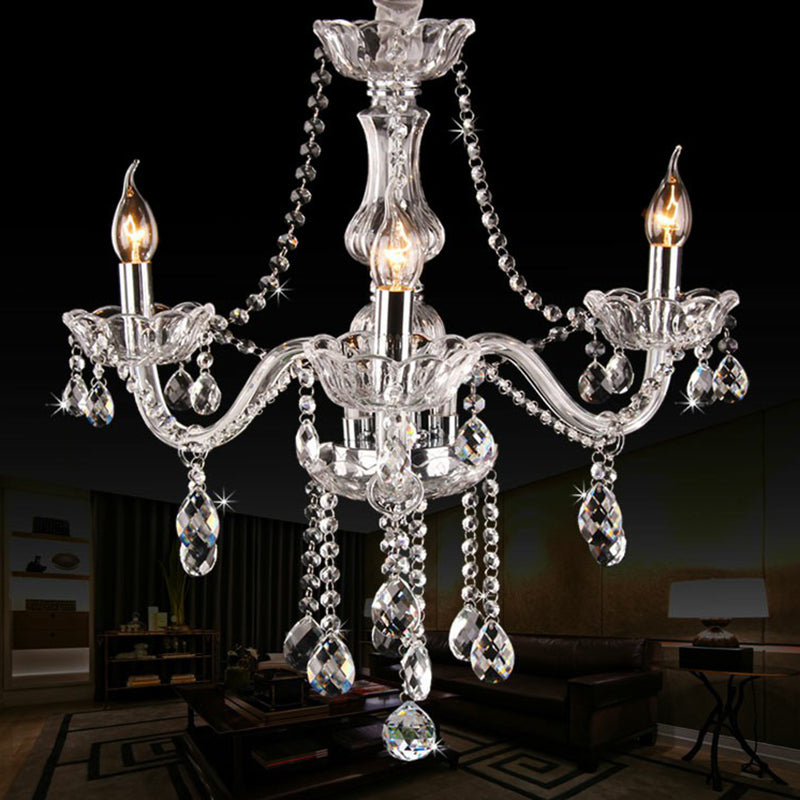 Victorian Style Candle Chandelier 3-Head Clear Glass Hanging Light with Crystal Strand