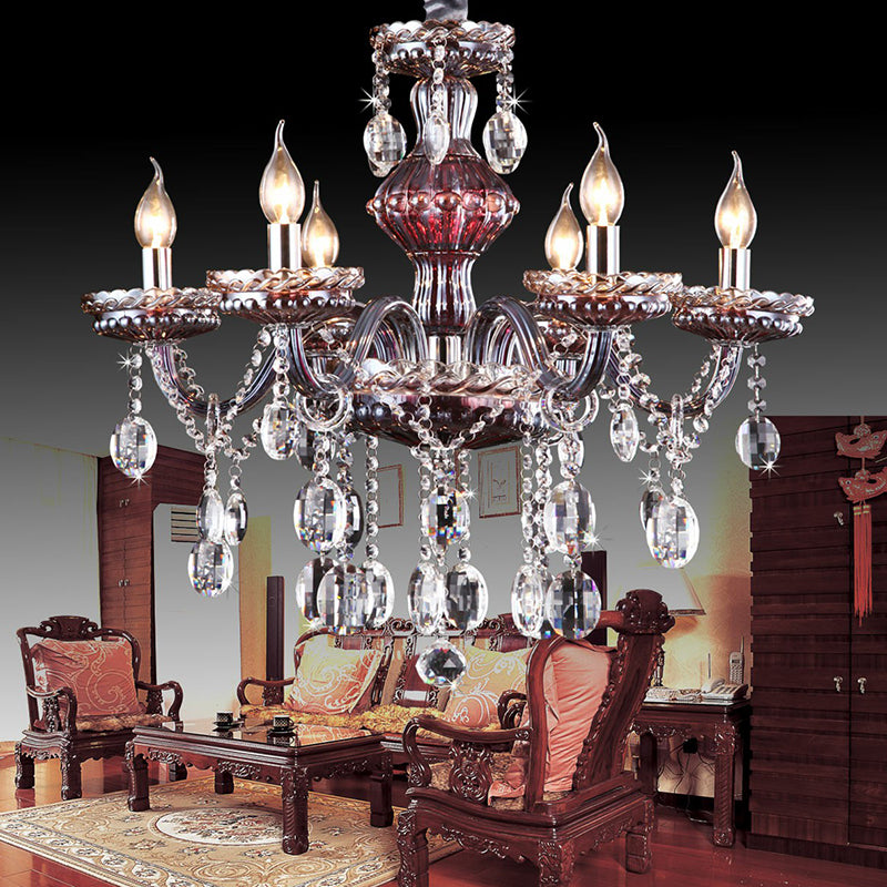 6-Light Candle Chandelier Traditional Clear-Red Crystal Hanging Light Fixture for Living Room