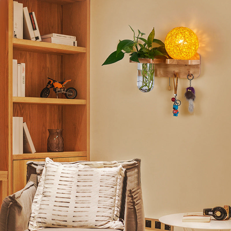 1-Light Rattan Wall Light Fixture Nordic Ball Living Room Sconce Lamp with Pull Chain and Plant Pot