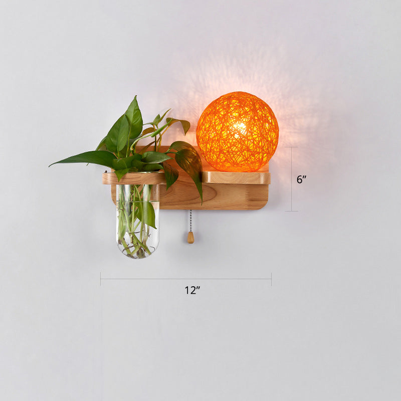1-Light Rattan Wall Light Fixture Nordic Ball Living Room Sconce Lamp with Pull Chain and Plant Pot