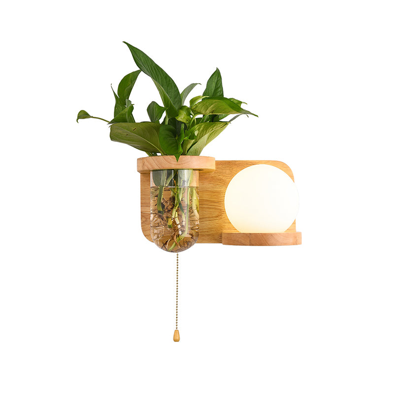 Milk Glass Ball Wall Lighting Nordic 1-Bulb Bedside Pull Chain Sconce with Wood Rack and Planter