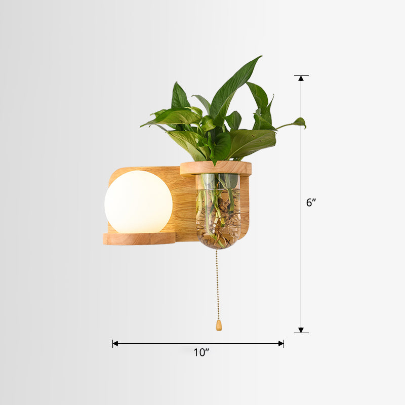 Milk Glass Ball Wall Lighting Nordic 1-Bulb Bedside Pull Chain Sconce with Wood Rack and Planter