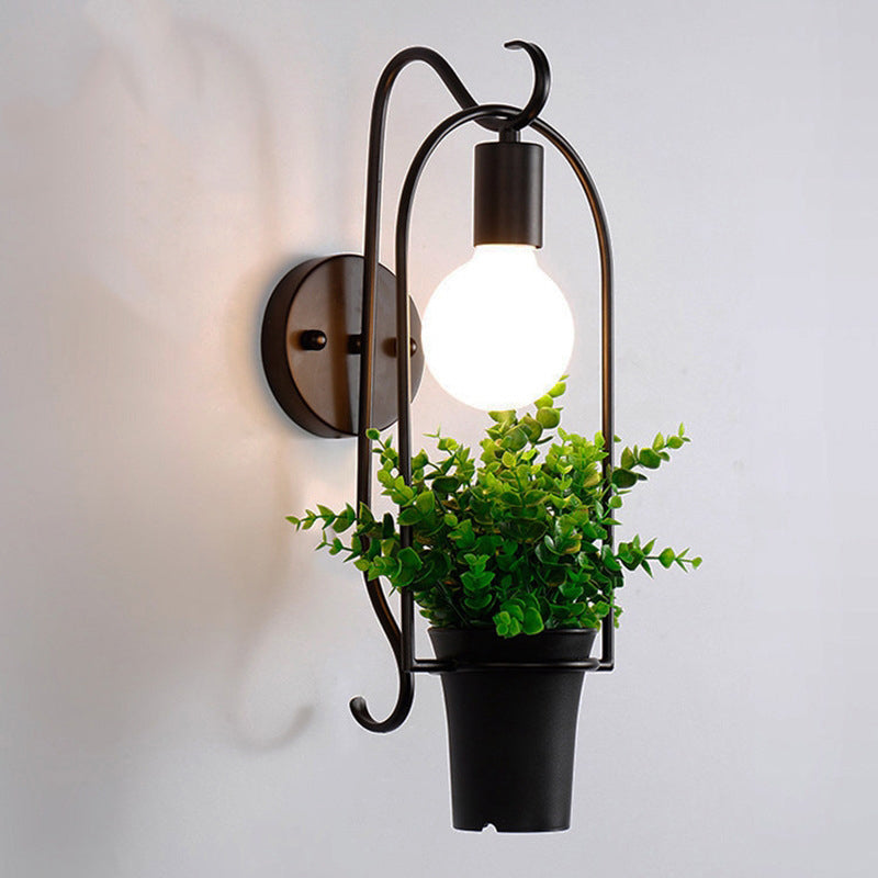 Black-Green Faux Bonsai Wall Lamp Nordic Metal 1-Light Bedroom Sconce Light Fixture