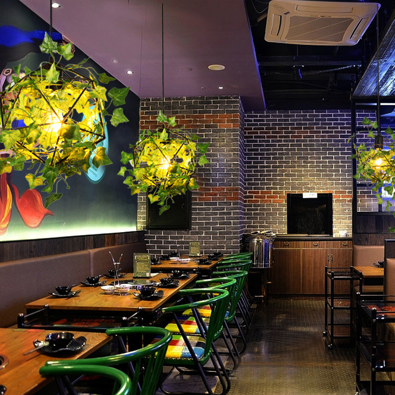 Metalen geometrische kooi druppel hanger industrieel 1 lamp restaurant ophanging licht met faux bladdecor