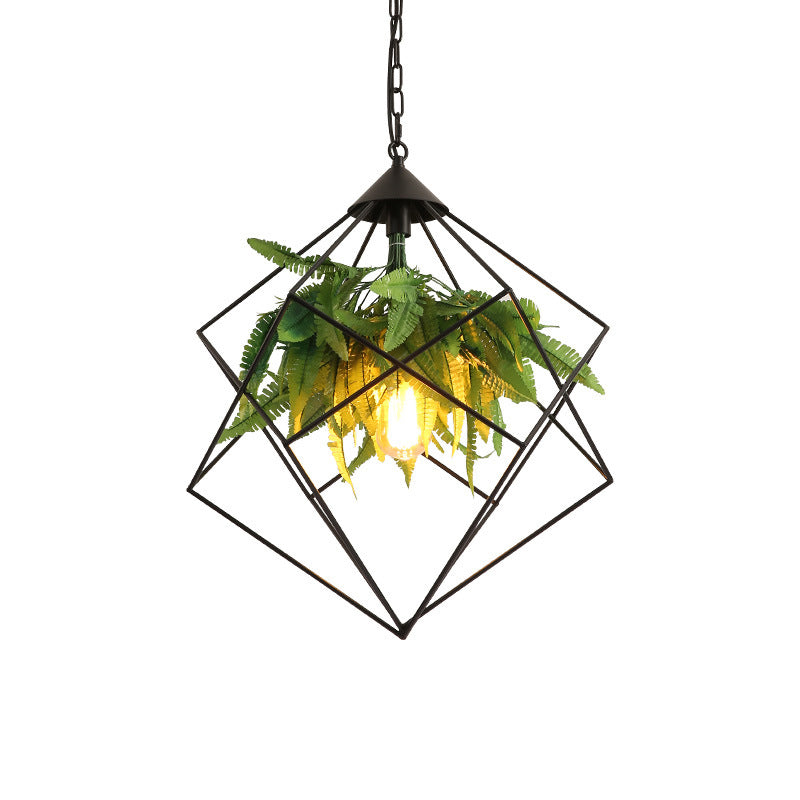 Metalen geometrische kooi druppel hanger industrieel 1 lamp restaurant ophanging licht met faux bladdecor