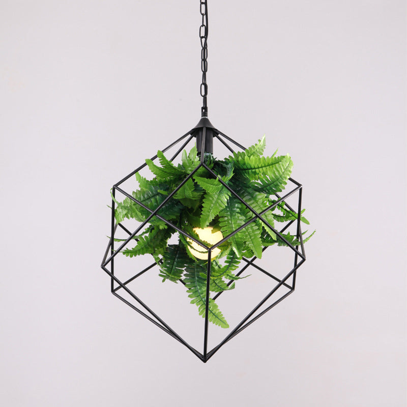 Metalen geometrische kooi druppel hanger industrieel 1 lamp restaurant ophanging licht met faux bladdecor