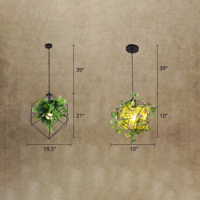 Metalen geometrische kooi druppel hanger industrieel 1 lamp restaurant ophanging licht met faux bladdecor