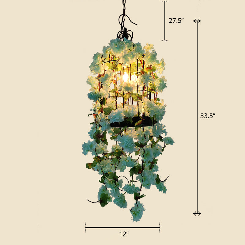 Chandelier Lamp Industrial Cage Iron Pendant Light Fixture with Faux Plant Decor