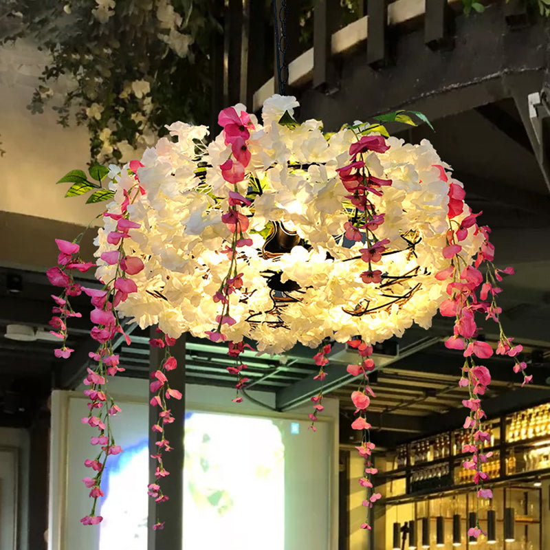 3-Light Round Cage Pendant Lamp Rural Metal Chandelier Light with Artificial Flower