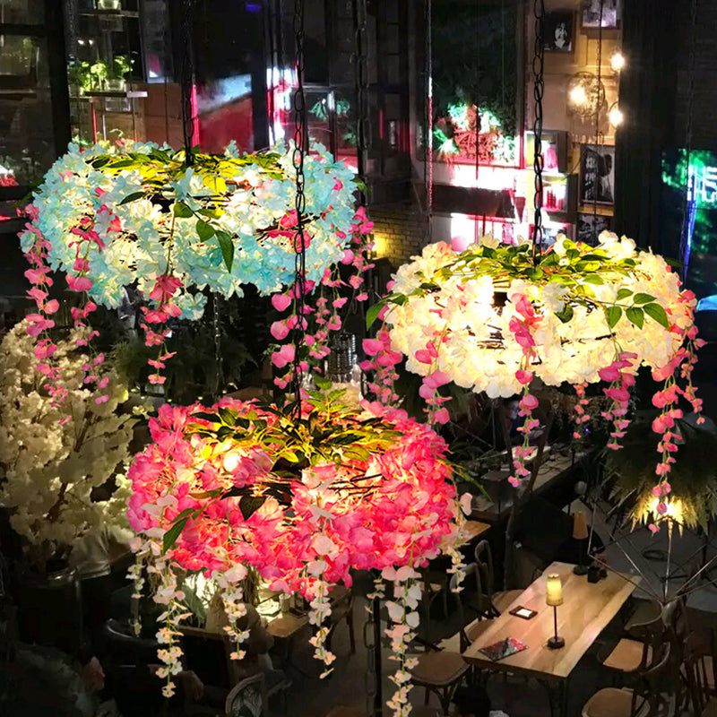 3-Light Round Cage Pendant Lamp Rural Metal Chandelier Light with Artificial Flower