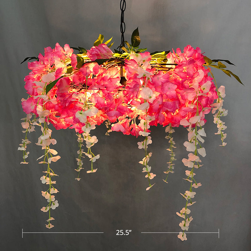3-Light Round Cage Pendant Lamp Rural Metal Chandelier Light with Artificial Flower