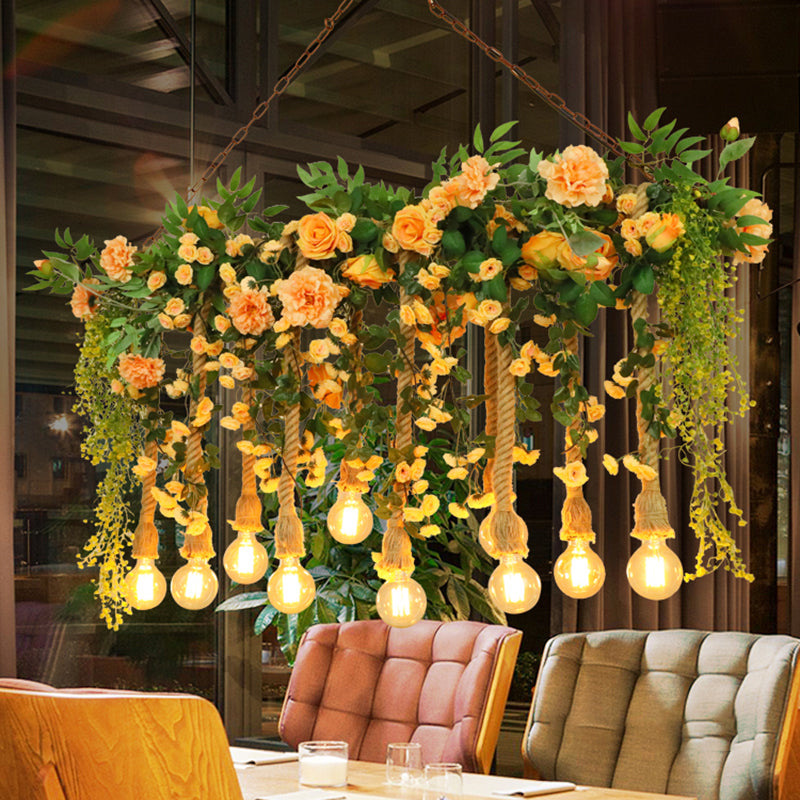 Hemp Rope Island Lighting Cottage Pink Flower and Vine Dining Room Pendant Light