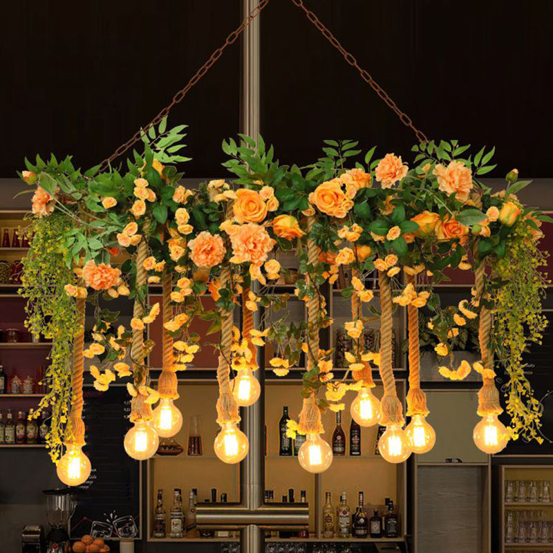 Hemp Rope Island Lighting Cottage Pink Flower and Vine Dining Room Pendant Light