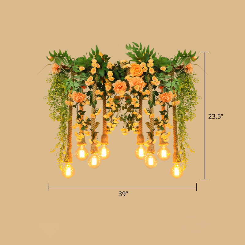 Hemp Rope Island Lighting Cottage Pink Flower and Vine Dining Room Pendant Light
