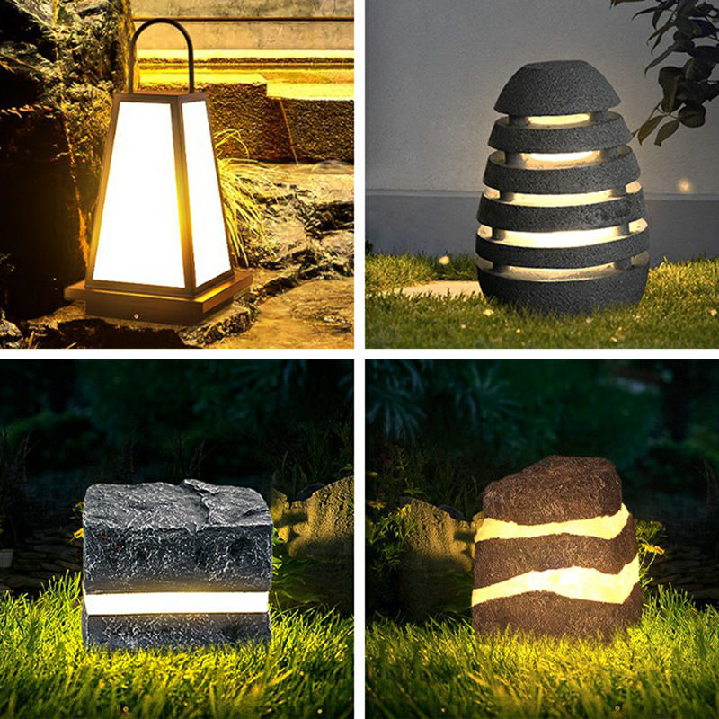 Grey Stone Shaped Ground Lamp Modernist Resin LED Lawn Lighting for Garden Pathway