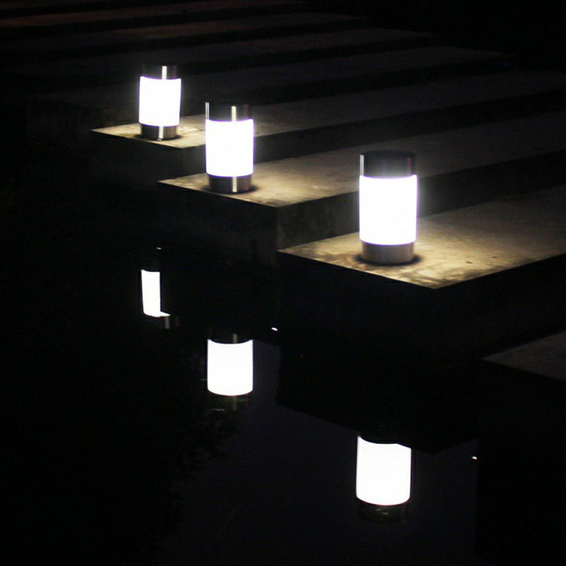 Stainless Steel Cylinder LED Stake Light Minimalist Black and Chrome Solar Path Lamp for Garden