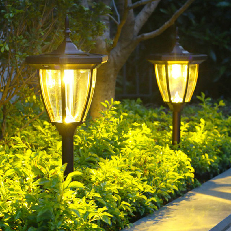 Clear Glass Bell Lawn Lamp Vintage Black Solar Powered LED Stake Light for Garden