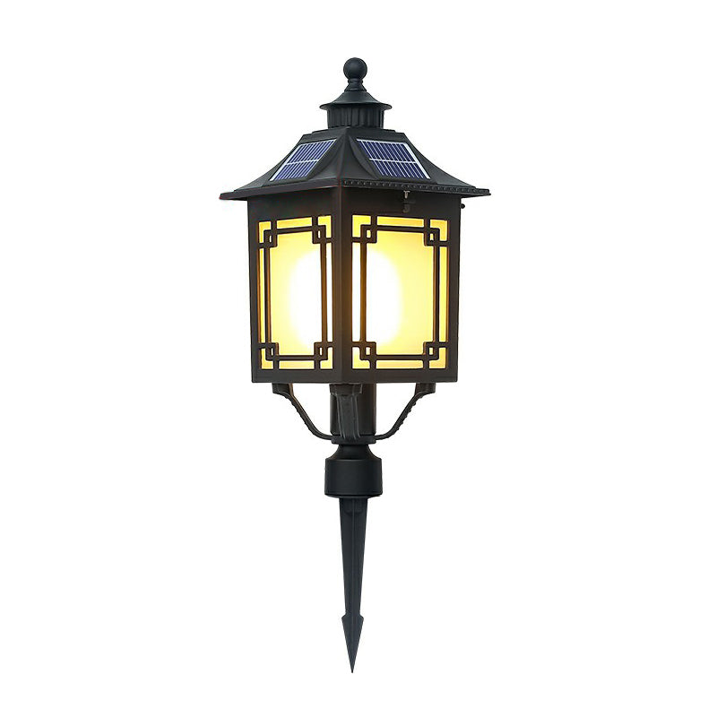 House Shaped Solar Landscape Lamp Vintage Frosted Glass Black LED Stake Light for Patio