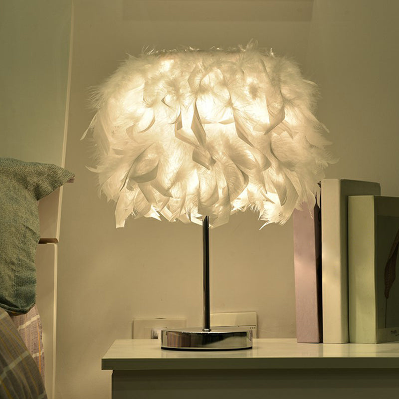 Cylindrical Bedroom Table Light Natural Feather Single-Bulb Nordic Nightstand Lamp