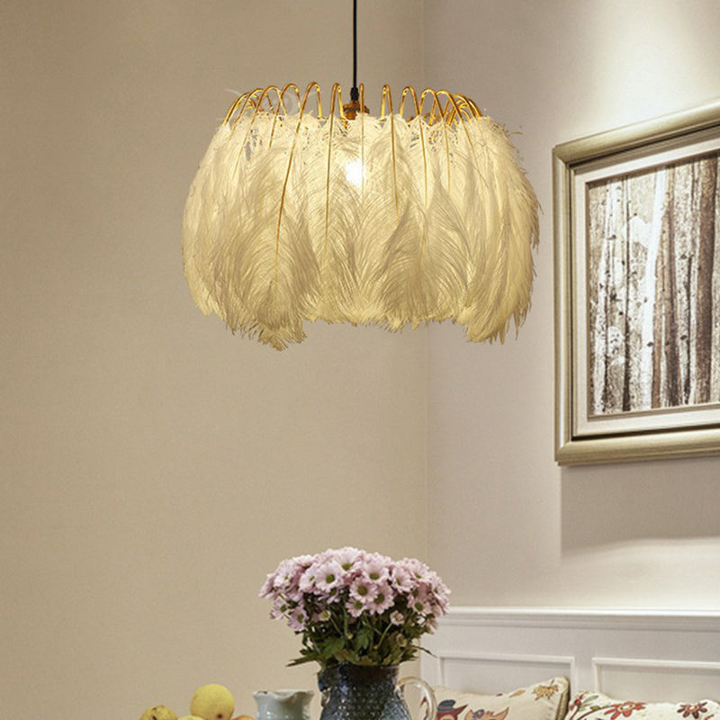 White Circle Suspension Lighting Nordic Single-Bulb Feather Pendant Light for Bedroom