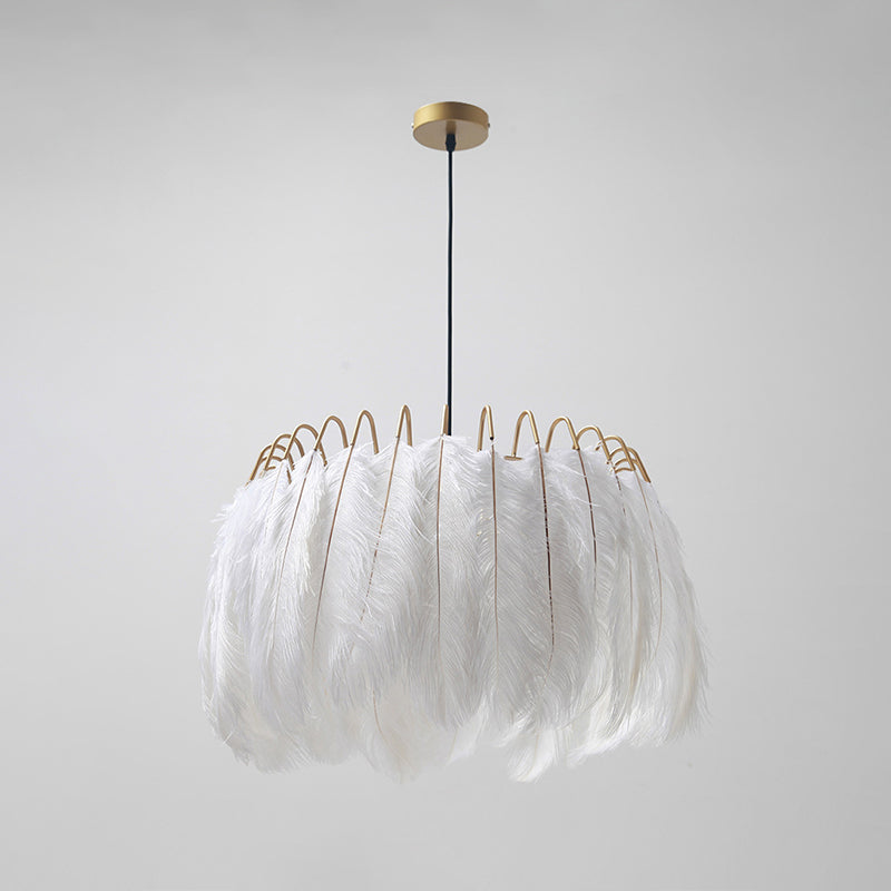 White Circle Suspension Lighting Nordic Single-Bulb Feather Pendant Light for Bedroom