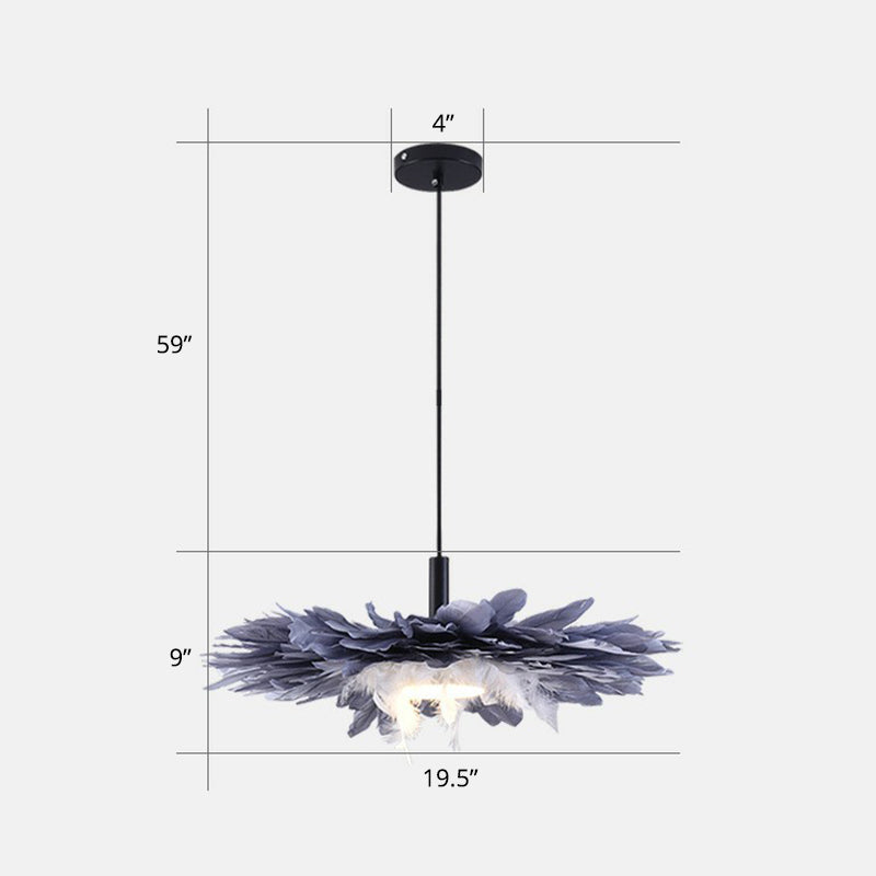 Floral Feather Hanging Light Fixture Artistic 1 Head Black and Blue Pendant Lamp for Bedroom