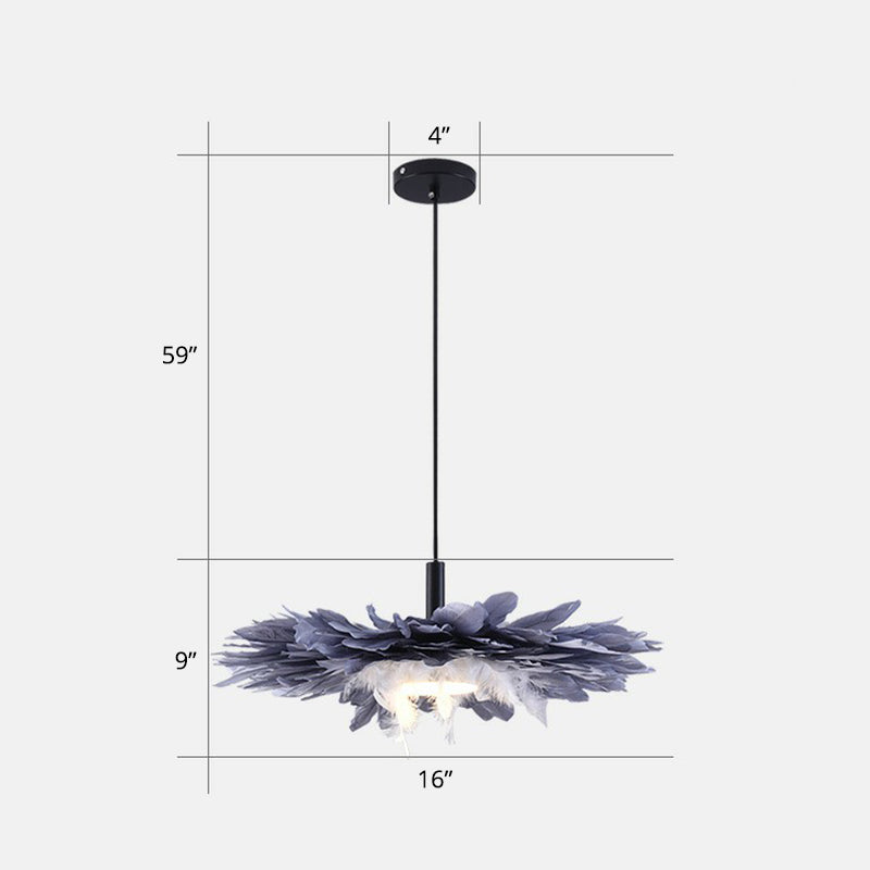Floral Feather Hanging Light Fixture Artistic 1 Head Black and Blue Pendant Lamp for Bedroom