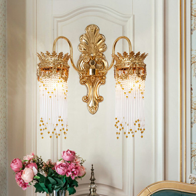 Gold Crown Shaped Wall Light Traditional Metal Living Room Sconce Lamp with Crystal Fringe