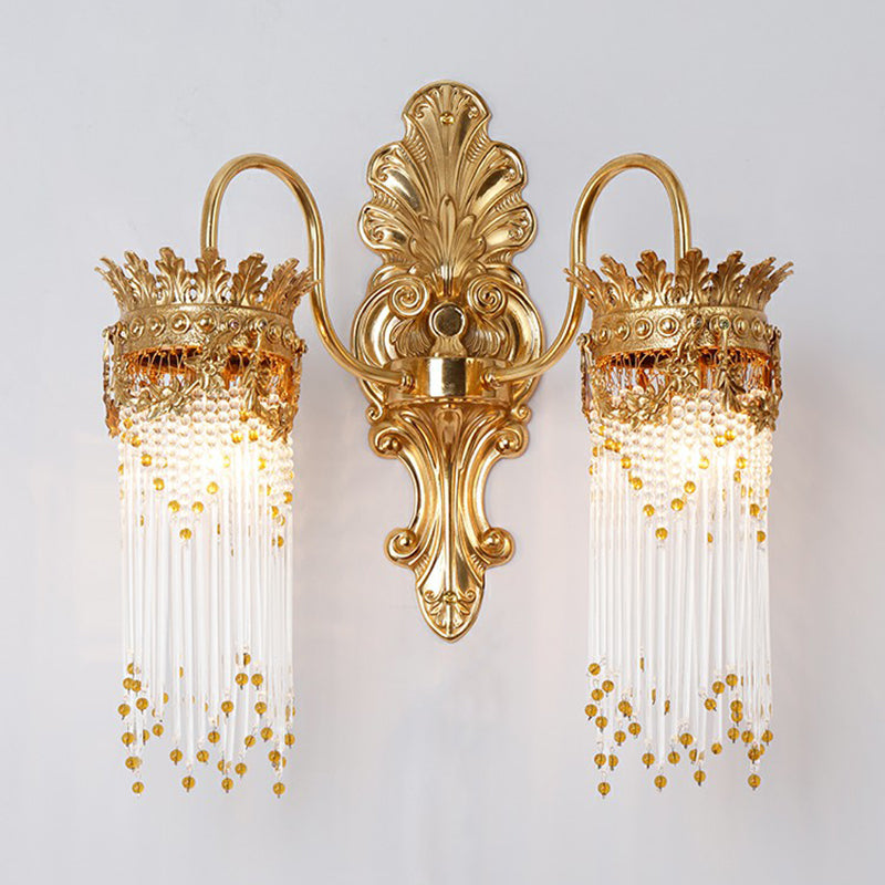 Gold Crown Shaped Wall Light Traditional Metal Living Room Sconce Lamp with Crystal Fringe