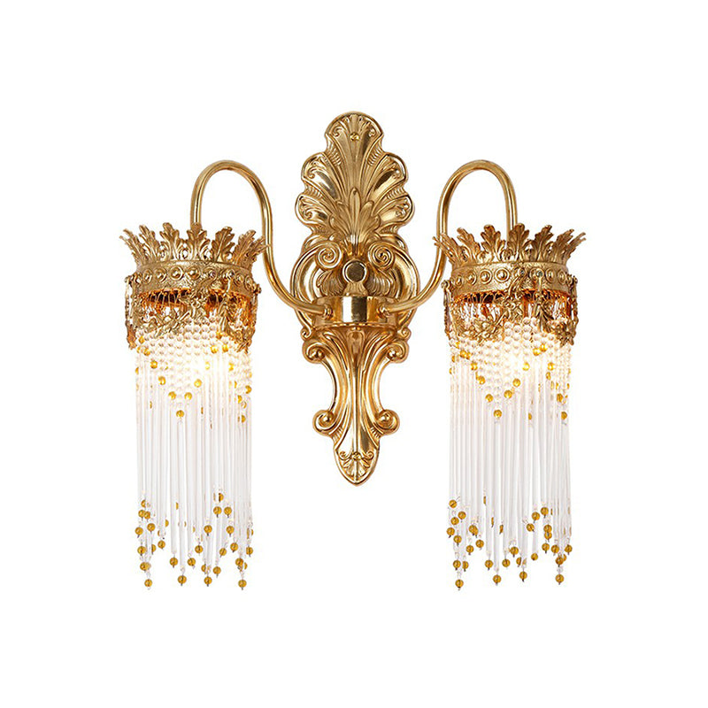 Gold Crown Shaped Wall Light Traditional Metal Living Room Sconce Lamp with Crystal Fringe