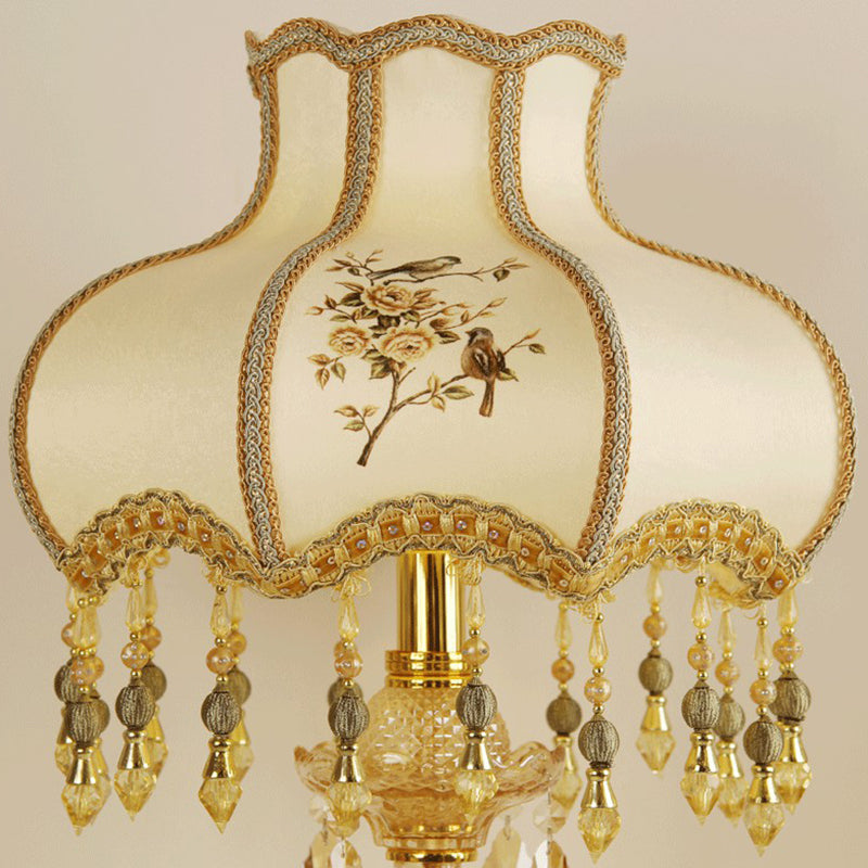 Print Fabric Gold Table Light Scalloped 1 Head Traditional Night Lamp with Crystal Drops