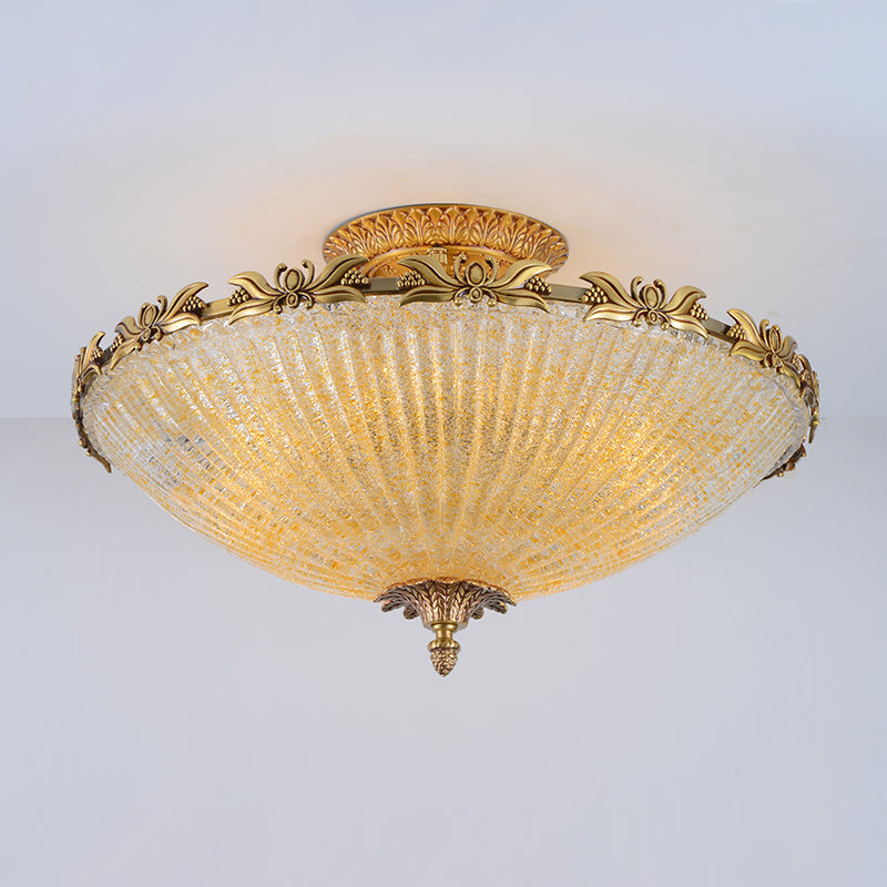 Antiqued Bowl Shaped Flush Light Clear Variegated Glass Semi Mount Lighting in Brass