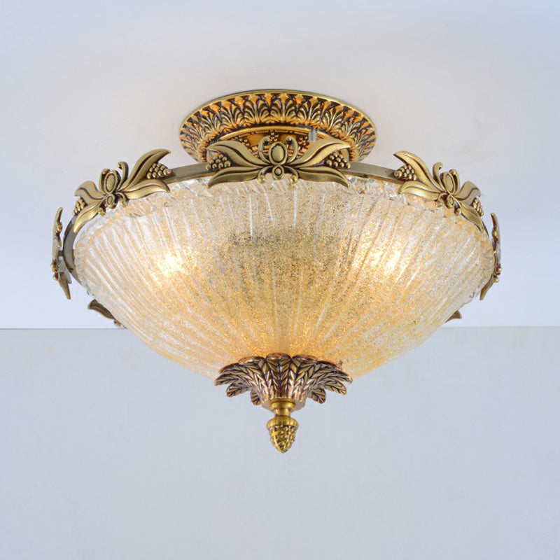Antiqued Bowl Shaped Flush Light Clear Variegated Glass Semi Mount Lighting in Brass