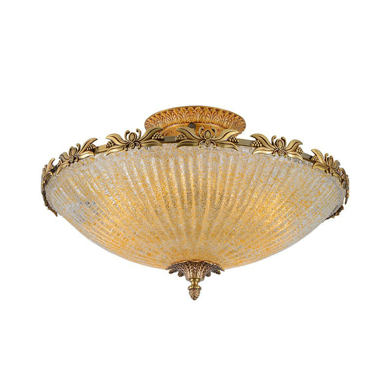 Antiqued Bowl Shaped Flush Light Clear Variegated Glass Semi Mount Lighting in Brass