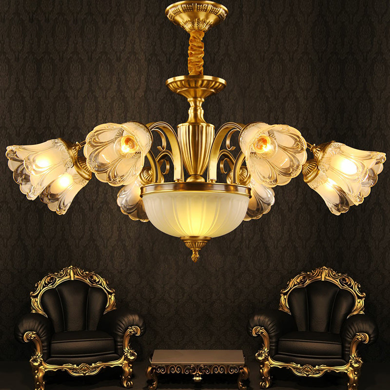 Frosted Glass Flower Kroonluchter Koloniale stijl Woonkamer Suspensie Licht in goud