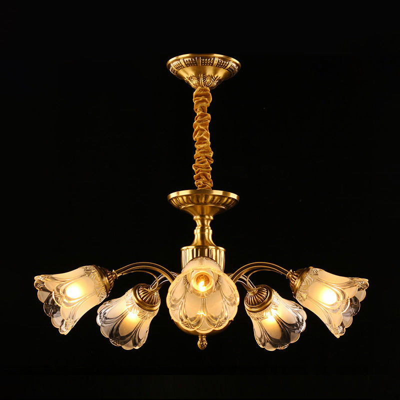 Chandelier de fleur en verre givré Suspension de salon de style colonial léger en or