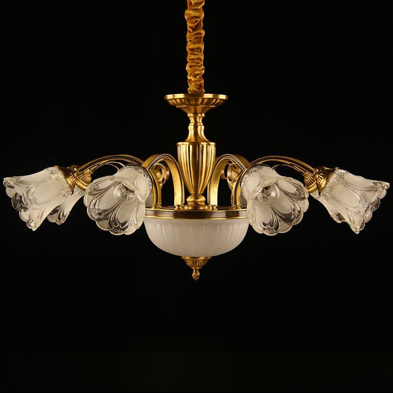 Frosted Glass Flower Kroonluchter Koloniale stijl Woonkamer Suspensie Licht in goud