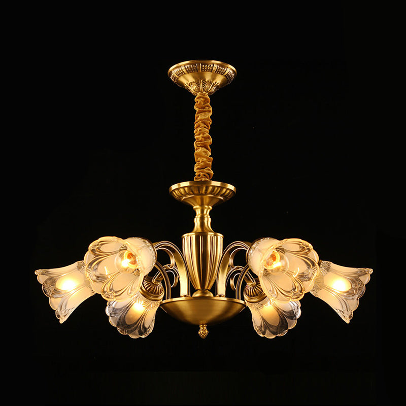 Frosted Glass Flower Kroonluchter Koloniale stijl Woonkamer Suspensie Licht in goud