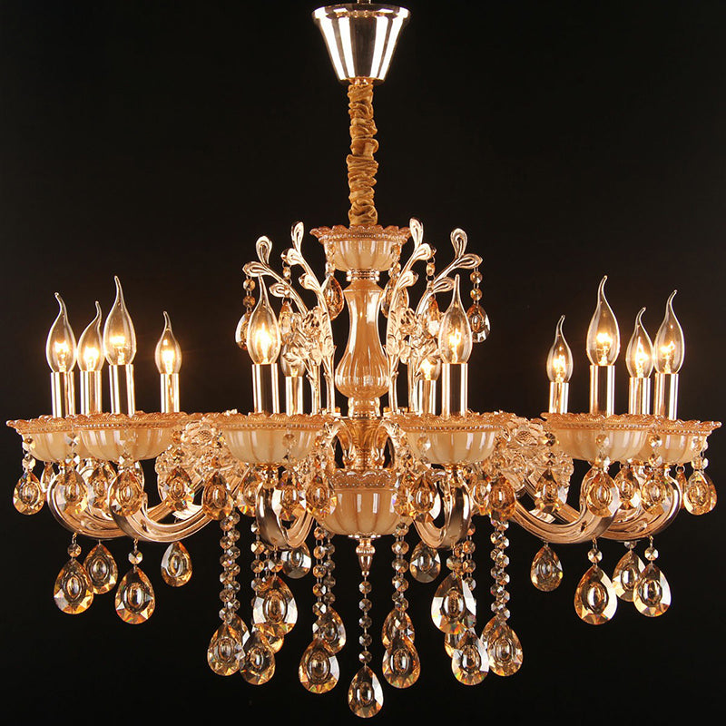 Amber Glass Candle Chandelier Lamp Traditional Living Room Suspension Light in Gold with Crystal Decor