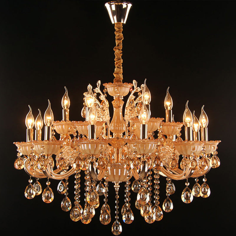 Amber Glass Candle Chandelier Lamp Traditional Living Room Suspension Light in Gold with Crystal Decor