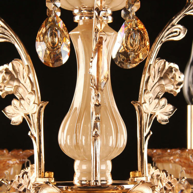 Amber Glass Candle Chandelier Lamp Traditional Living Room Suspension Light in Gold with Crystal Decor