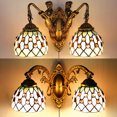 2 Heads Sconce Lighting Tiffany Curve Arm/Mermaid Beige Glass Wall Mount Light with Pull Chain Switch