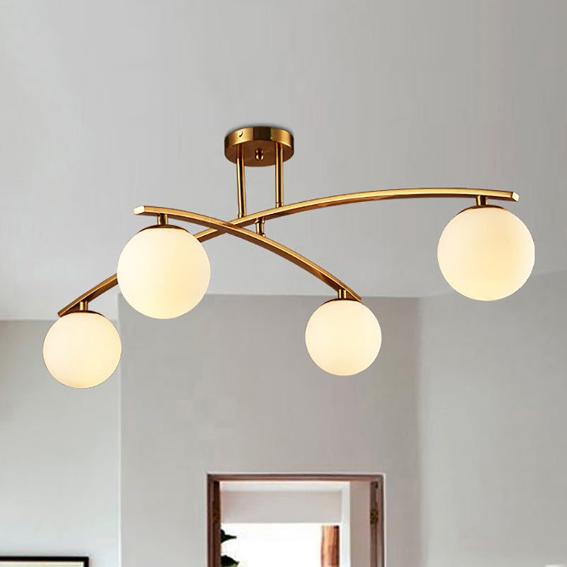 Modern Sphere Shade Semi Ceiling Mount Light Opal Glass Gold Ceiling Lamp for Study Room