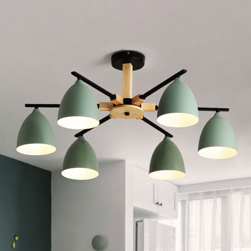 Nordic Dome Shade Drop Ceiling Light Multi-Light Wooden Hanging Chandelier in Green for Living Room