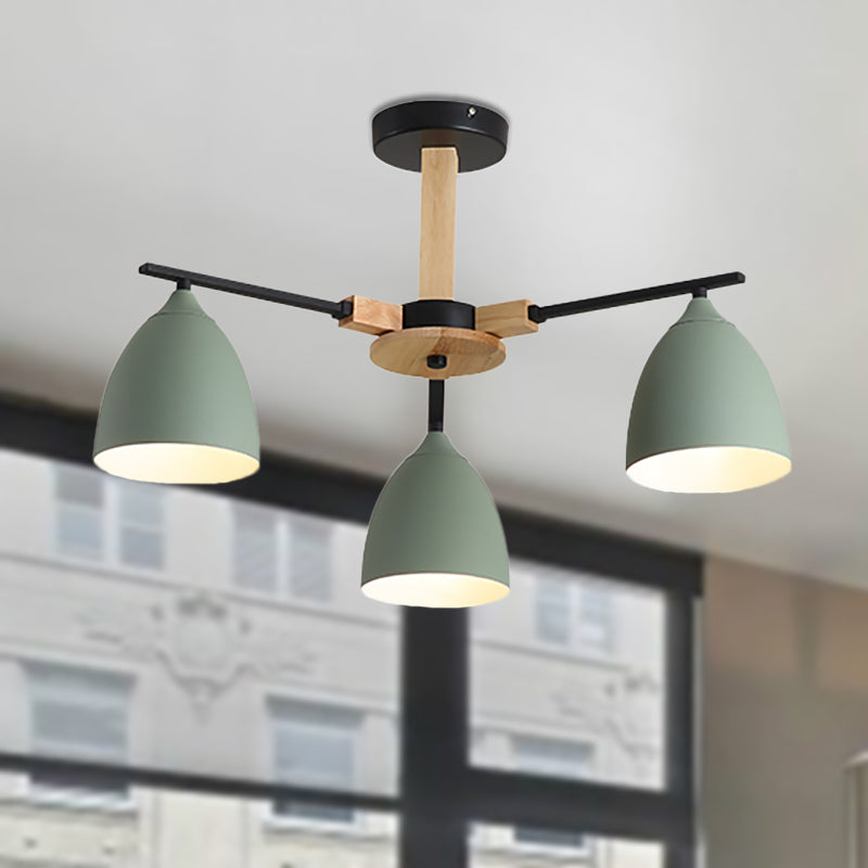 Nordic Dome Shade Drop Ceiling Light Multi-Light Wooden Hanging Chandelier in Green for Living Room