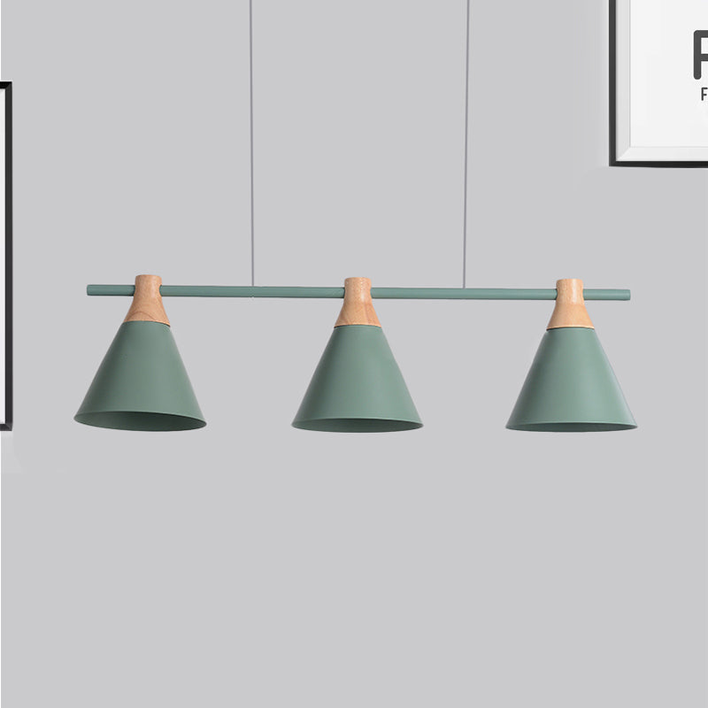 Triple Light Cone Shade Island Lighting Nordic Metal Hanging Chandelier in Green/Grey/Yellow for Kitchen