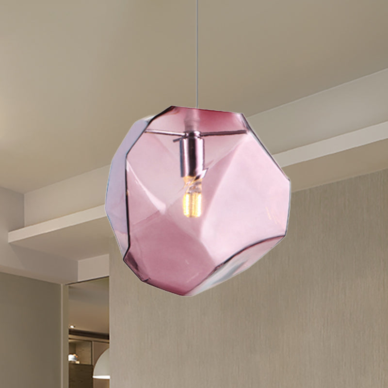 Faceted Grey/Orange/Purple Glass Pendant Lighting Contemporary 1 Light Dining Room Led Hanging Lamp Fixture