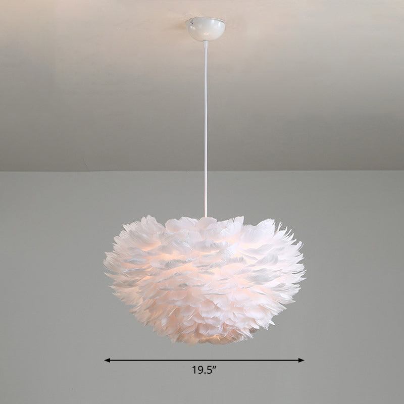Feather Hemispherical Pendant Lamp Minimalism Feather White Suspension Light for Bedroom