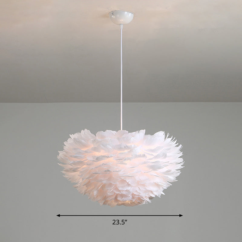 Feather Hemispherical Pendant Lamp Minimalism Feather White Suspension Light for Bedroom