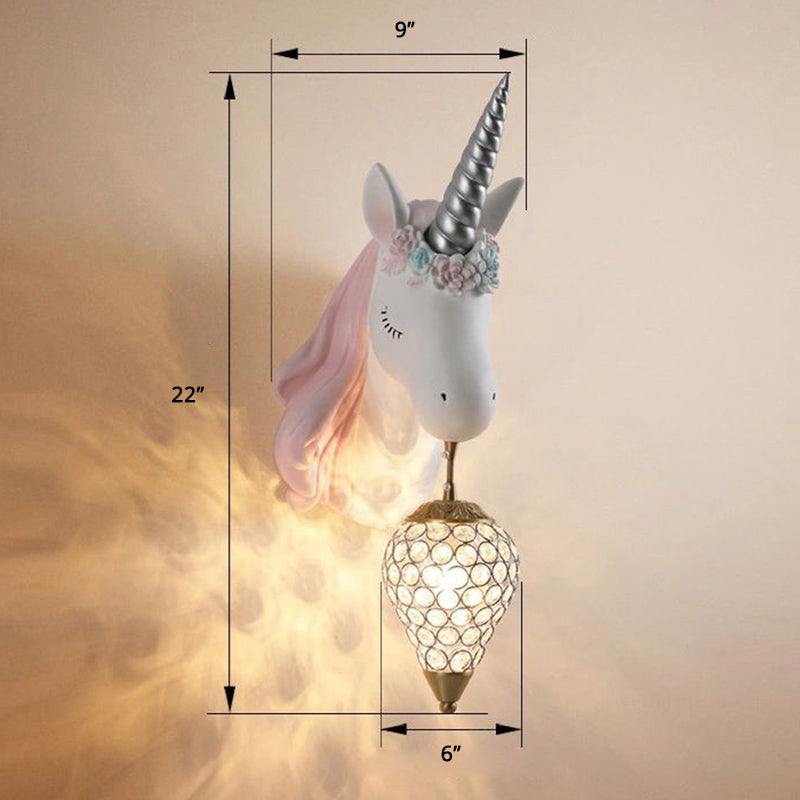 Crystal Droplet Wall Mount Light Cartoon 1-Bulb Sconce Fixture with Unicorn Deco for Kids Room